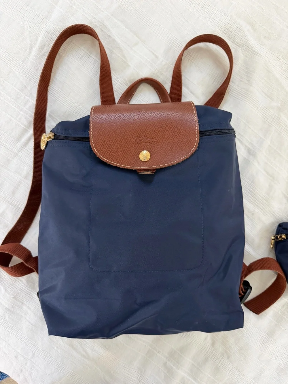 Longchamp Le Pliage Backpack Navy and Brown Nylon Backpack with Leather Flap